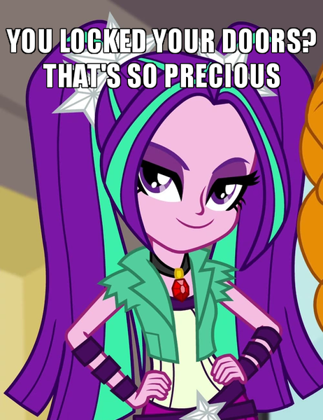 Size: 500x650 | Tagged: safe, derpibooru import, edit, edited screencap, screencap, adagio dazzle, aria blaze, equestria girls, rainbow rocks, breaking and entering, caption, cropped, gem, image macro, lockpicking, meme, offscreen character, pigtails, siren gem, smiling, smirk, solo focus, stalker, text, twintails