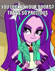 Size: 500x650 | Tagged: safe, derpibooru import, edit, edited screencap, screencap, adagio dazzle, aria blaze, equestria girls, rainbow rocks, breaking and entering, caption, cropped, gem, image macro, lockpicking, meme, offscreen character, pigtails, siren gem, smiling, smirk, solo focus, stalker, text, twintails