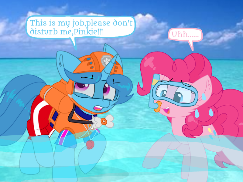 Size: 1440x1080 | Tagged: safe, artist:rainbow eevee edits, artist:徐詩珮, derpibooru import, pinkie pie, spring rain, earth pony, pony, unicorn, series:sprglitemplight diary, series:sprglitemplight life jacket days, series:springshadowdrops diary, series:springshadowdrops life jacket days, alternate universe, clothes, cute, dialogue, diapinkes, female, lifeguard, lifeguard spring rain, mare, paw patrol, spring rain is not amused, swimsuit, unamused