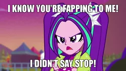 Size: 700x394 | Tagged: suggestive, derpibooru import, edit, edited screencap, screencap, aria blaze, equestria girls, equestria girls series, sunset's backstage pass!, spoiler:eqg series (season 2), caption, image macro, implied masturbation, meme, pro-clop, solo, text, tsundere, watching you clop