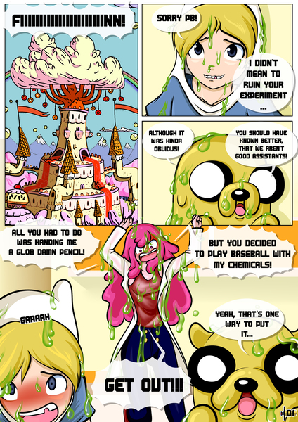 Size: 2480x3507 | Tagged: adventure time, angry, artist:pixelboy, barely pony related, blushing, castle, clothes, comic, comic:princess day off, derpibooru import, dialogue, dog, explosion, female, finn the human, human, jake the dog, lab coat, male, no pony, princess bubblegum, safe