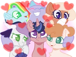 Size: 629x475 | Tagged: safe, artist:theredbeauty, derpibooru import, oc, oc:cool cat, oc:cotton peep, oc:crystal clear, oc:daisy chain, oc:evening constellation, oc:rainbow skies, unofficial characters only, dracony, dragon, earth pony, hybrid, pegasus, pony, unicorn, base used, blushing, cloven hooves, cute, ear fluff, eyes closed, friendship, group hug, hooves to the chest, hug, interspecies offspring, lipstick, next generation, no pupils, offspring, parent:applejack, parent:big macintosh, parent:flash sentry, parent:fluttershy, parent:pinkie pie, parent:pokey pierce, parent:rainbow dash, parent:rarity, parent:soarin', parent:spike, parent:twilight sparkle, parent:unnamed oc, parents:flashlight, parents:fluttermac, parents:pokeypie, parents:soarindash, parents:sparity, simple background, smiling, transparent background, varying degrees of want