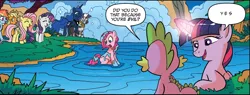 Size: 946x360 | Tagged: safe, artist:tonyfleecs, derpibooru import, edit, idw, applejack, fluttershy, pinkie pie, princess luna, rainbow dash, rarity, spike, twilight sparkle, twilight sparkle (alicorn), zecora, alicorn, dragon, earth pony, pegasus, pony, unicorn, zebra, ponies of dark water, spoiler:comic, spoiler:comic45, comic, laughing, leaning, mane six, playful, smiling, speech bubble, wet