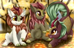 Size: 5100x3300 | Tagged: safe, artist:gleamydreams, derpibooru import, autumn blaze, cinder glow, maple brown, summer flare, kirin, pony, absurd resolution, awwtumn blaze, cinderbetes, cloven hooves, cute, ear fluff, high res, kirinbetes, looking at each other, one eye closed, open mouth, playing, raised hoof, sitting, smiling, trio