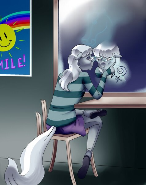 Size: 1013x1280 | Tagged: safe, artist:amaraburrger, derpibooru import, silver spoon, anthro, earth pony, chair, clothes, digital art, lonely, mirror, poster, sad, sitting, solo