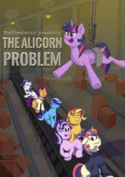 Size: 1280x1811 | Tagged: safe, artist:moonlightfan, derpibooru import, minuette, moondancer, rarity, saffron masala, starlight glimmer, sunset shimmer, twilight sparkle, twilight sparkle (alicorn), alicorn, pony, unicorn, fanfic, box, conveyor belt, cover art, factory, fanfic art, fanfic cover