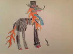 Size: 2592x1936 | Tagged: safe, artist:makarosc, derpibooru import, oc, oc:scorch ember, unofficial characters only, dragon, fire pony, hybrid, longma, pony, cigarette, clothes, hat, horns, overcoat, scarf, top hat, traditional art