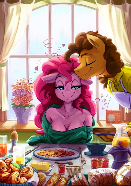 Size: 1979x2800 | Tagged: safe, artist:fidzfox, derpibooru import, cheese sandwich, pinkie pie, anthro, earth pony, apron, bedroom eyes, blushing, bread, breasts, busty pinkie pie, cheesepie, cleavage, clothes, egg, female, floppy ears, flower, food, fork, groggy, heart, implied sex, kiss on the head, kissing, male, mare, meme, music notes, off shoulder, pastry, pie, radio, shipping, sleepy, stallion, straight, waifu thief, window