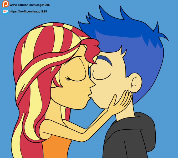 Size: 3588x3180 | Tagged: safe, artist:eagc7, derpibooru import, flash sentry, sunset shimmer, equestria girls, clothes, commission, female, flashimmer, kissing, ko-fi, male, patreon, shipping, simple background, sleeveless, straight, tanktop