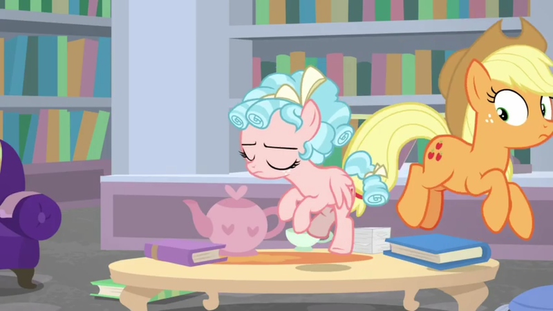 Size: 1280x720 | Tagged: applejack, book, bookshelf, cozy glow, derpibooru import, disguise, disguised changeling, duo, eyes closed, ocellus, safe, screencap, teapot, what lies beneath