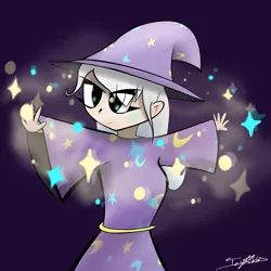 Size: 1300x1300 | Tagged: artist:icywindthepony, clothes, derpibooru import, eye clipping through hair, hat, human, humanized, magic, safe, signature, simple background, solo, sparkles, trixie, trixie's hat, wizard, wizard hat