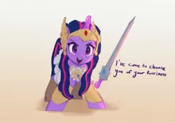 Size: 2891x2033 | Tagged: safe, artist:vanillaghosties, derpibooru import, twilight sparkle, pony, armor, clothes, cosplay, costume, crossover, cute, dialogue, female, glowing horn, horn, looking at you, magic, mare, she-ra, solo, sword, talking to viewer, telekinesis, twiabetes, weapon