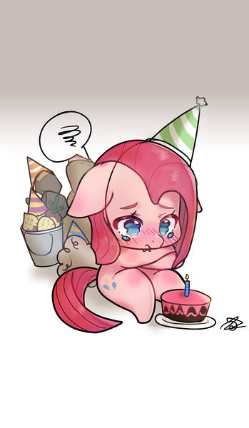 Size: 3000x5161 | Tagged: safe, artist:choyamy, derpibooru import, madame le flour, mr. turnip, pinkie pie, rocky, sir lintsalot, earth pony, pony, party of one, blushing, cake, candle, crossed hooves, crying, cute, cuteamena, diapinkes, female, floppy ears, food, hat, high res, mare, party hat, pinkamena diane pie, sad, sadorable, simple background, sitting, solo, white background