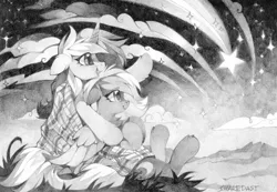 Size: 2048x1418 | Tagged: safe, artist:share dast, derpibooru import, oc, oc:midnight note, oc:stardust (midnight note), unofficial characters only, pegasus, pony, unicorn, black and white, blanket, cuddling, duo, female, floppy ears, grayscale, mare, monochrome, pencil drawing, scenery, shooting star, stars, traditional art