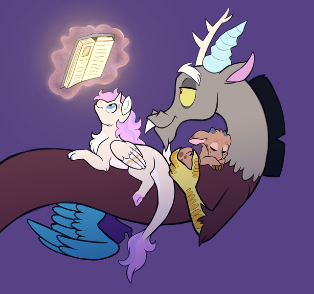 Size: 2000x1869 | Tagged: artist:9centschange, baby, book, dadcord, derpibooru import, discord, draconequus, draconequus oc, father and child, father and daughter, father and son, female, hybrid, interspecies offspring, levitation, magic, male, oc, oc:dementia, oc:prince concord, offspring, parent:discord, parent:princess celestia, parents:dislestia, purple background, reading, safe, simple background, sleeping, telekinesis