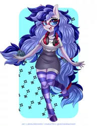 Size: 7556x9793 | Tagged: adorkable, anthro, artist:ask-colorsound, clothes, commission, cute, derpibooru import, dork, excited, gaming headset, glasses, headset, miniskirt, moe, oc, oc:cinnabyte, pigtails, safe, shirt, simple background, skirt, smiling, socks, solo, striped socks, thigh highs, t-shirt, unofficial characters only, white background, your character here, zettai ryouiki