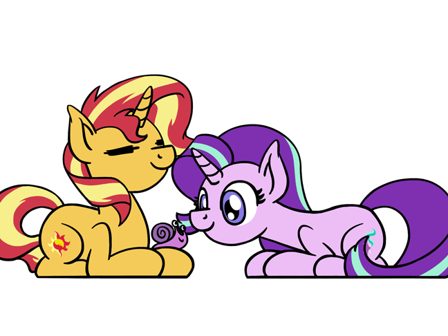 Size: 648x486 | Tagged: safe, artist:flutterluv, derpibooru import, starlight glimmer, sunset shimmer, pony, snail, unicorn, animated, duo, eyes closed, female, ponified animal photo, ponified animal video, prone, simple background, sniffing, white background