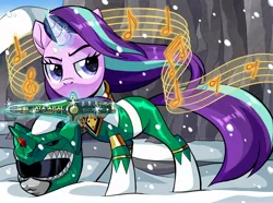 Size: 2048x1522 | Tagged: safe, artist:centchi, derpibooru import, starlight glimmer, pony, unicorn, clothes, dragon dagger, dragon ranger, glowing horn, green ranger, horn, knife, kyoryu sentai zyuranger, mighty morphin power rangers, music notes, power rangers, snow, solo, super sentai, windswept mane