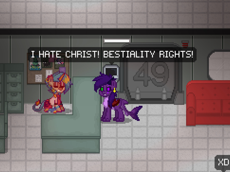 Size: 970x727 | Tagged: safe, derpibooru import, demon, pony, unicorn, pony town, 2edgy4me, anti-christ, ashes town, bestiality, blasphemy, blasphemy in the description, female, game screencap, god is dead, interspecies, jesus christ, ow the edge, this is why we can't have nice things