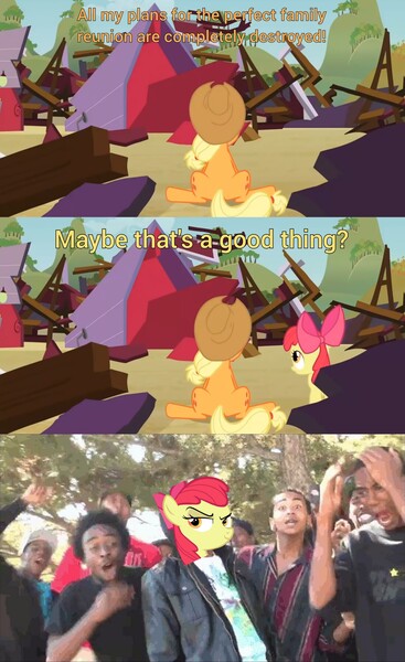 Size: 2692x4396 | Tagged: safe, derpibooru import, edit, edited screencap, screencap, apple bloom, applejack, earth pony, apple family reunion, barn, meme, roasted, supa hot fire