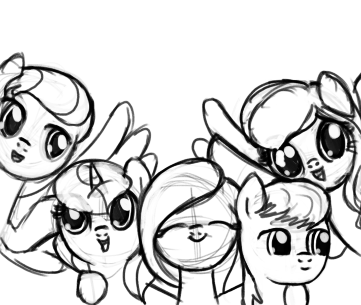 Size: 800x675 | Tagged: safe, artist:nimaru, derpibooru import, oc, oc:crabapple, oc:luau, oc:rook, oc:rose petal, oc:winter willow, earth pony, pegasus, pony, unicorn, female, hug, male, mare, monochrome, sketch, stallion