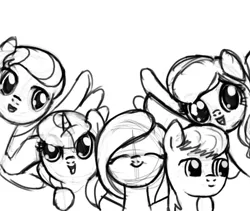 Size: 800x675 | Tagged: safe, artist:nimaru, derpibooru import, oc, oc:crabapple, oc:luau, oc:rook, oc:rose petal, oc:winter willow, earth pony, pegasus, pony, unicorn, female, hug, male, mare, monochrome, sketch, stallion