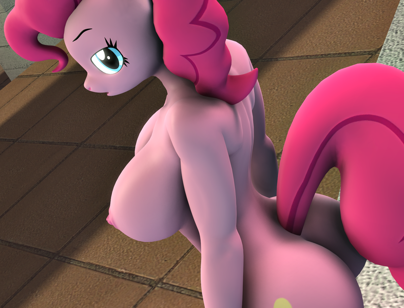 Size: 1416x1080 | Tagged: questionable, artist:camtwosix, derpibooru import, pinkie pie, anthro, earth pony, plantigrade anthro, pony, 3d, ass, balloonbutt, big breasts, breasts, busty pinkie pie, butt, female, hips, huge breasts, large butt, looking at you, nipples, nudity, open mouth, pose, solo, solo female, source filmmaker, thicc ass, wide hips