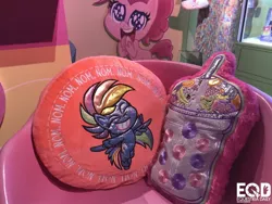 Size: 1600x1200 | Tagged: safe, derpibooru import, pinkie pie, rainbow dash, earth pony, pegasus, pony, equestria daily, my little pony: pony life, banana, cushion, drink, drinking straw, fluffy, fluffy cushion, food, fruit, nom, nyc toy fair 2020, orange, polka dots, smoothie, straw, strawberry