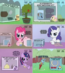 Size: 2002x2254 | Tagged: safe, artist:wadusher0, derpibooru import, applejack, fluttershy, pinkie pie, rainbow dash, rarity, twilight sparkle, earth pony, pegasus, pony, unicorn, binoculars, cupcake, dexterous hooves, easy bake, food, lawn dart, mane six, sewing machine, vial, watering can