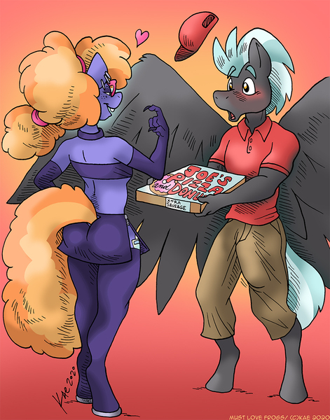 Size: 941x1200 | Tagged: questionable, artist:kaemantis, deleted from derpibooru, derpibooru import, frazzle rock, thunderlane, anthro, earth pony, pegasus, unguligrade anthro, ass, blushing, breasts, butt, cap, choker, clothes, collar, commission, crotch bulge, ear piercing, earring, evening gloves, eye contact, female, frazzlelane, freckles, glasses, gloves, gradient background, hat, heart, implied erection, jewelry, long gloves, looking at each other, male, mare, midriff, miniskirt, pants, piercing, pizza box, ponytail, shipping, shirt, side slit, skirt, socks, stallion, stockings, straight, thigh highs