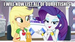 Size: 600x337 | Tagged: safe, derpibooru import, edit, edited screencap, screencap, applejack, rarity, camping must-haves, equestria girls, equestria girls series, spoiler:eqg series (season 2), caption, female, image macro, lesbian, meme, rarijack, shipping, text