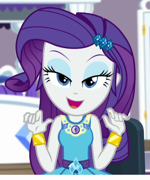 Size: 570x687 | Tagged: safe, derpibooru import, screencap, rarity, camping must-haves, equestria girls, equestria girls series, spoiler:eqg series (season 2), bed, bedroom eyes, bracelet, breaking the fourth wall, clothes, cropped, cutie mark, cutie mark on clothes, eyeshadow, frilly design, geode of shielding, gold, image, jewelry, magical geodes, makeup, open smile, pendant, png, rarity peplum dress, rarity's bedroom, sleeveless, solo