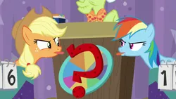 Size: 1920x1080 | Tagged: safe, derpibooru import, screencap, applejack, granny smith, rainbow dash, earth pony, pegasus, pony, a trivial pursuit, applejack is not amused, applejack's hat, bickering, competitive, cowboy hat, duo focus, female, freckles, glare, granny smith's scarf, hat, mare, multicolored mane, obscured face, ponytail, rainbow dash is not amused, rivalry, stetson, tongue out, unamused