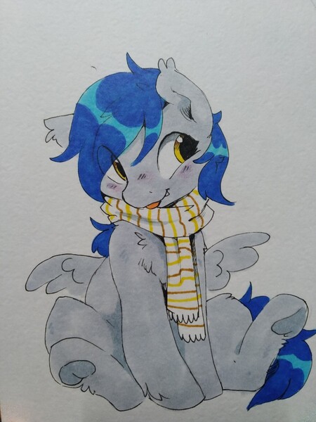 Size: 960x1280 | Tagged: safe, artist:shuryashish, derpibooru import, oc, unofficial characters only, pegasus, pony, blushing, chest fluff, clothes, cute, ear fluff, leg fluff, scarf, sitting, solo, spread wings, tongue out, traditional art, underhoof, wings