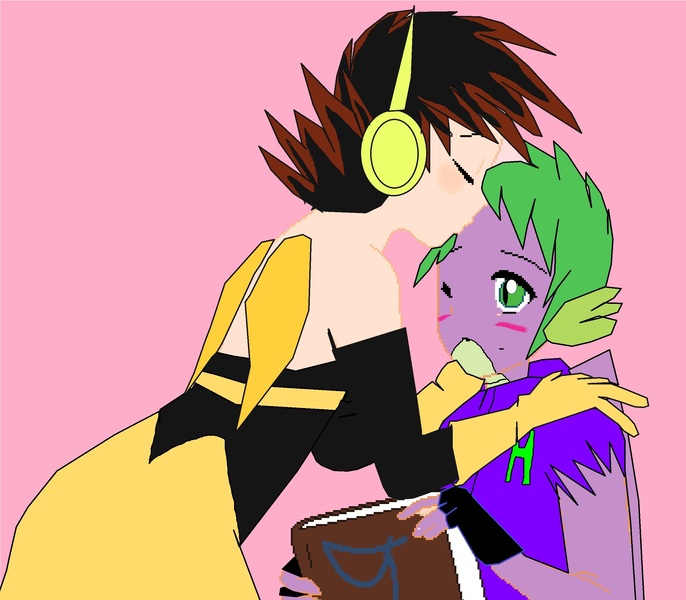 Size: 2500x2188 | Tagged: safe, derpibooru import, spike, human, insect, wasp, equestria girls, book, forehead kiss, human spike, humanized, kissing, spikexwasp