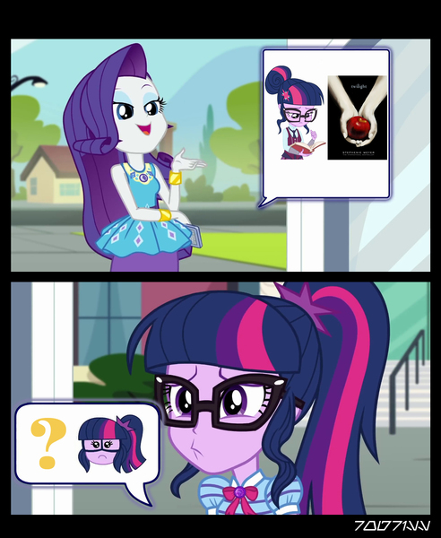 Size: 1288x1572 | Tagged: safe, derpibooru import, edit, edited screencap, editor:teren rogriss, screencap, rarity, sci-twi, twilight sparkle, equestria girls, equestria girls series, text support, text support: rarity, bracelet, confused, does not compute, emoji, glasses, jewelry, ponytail, question mark, still a better love story than twilight, twilight (series)