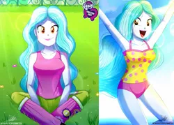 Size: 1429x1024 | Tagged: safe, artist:the-butch-x, derpibooru import, edit, editor:thomasfan45, paisley, human, equestria girls, equestria girls series, armpits, arms in the air, background human, beach, boots, breasts, busty paisley, butch's hello, clothes, collarbone, crepuscular rays, cute, equestria girls logo, female, field, flower, grass, happy, hello x, legs, ocean, one-piece swimsuit, open mouth, pants, polka dots, sexy, shoes, signature, sitting, sky, smiling, solo, sunlight, swimsuit, tanktop, thighs