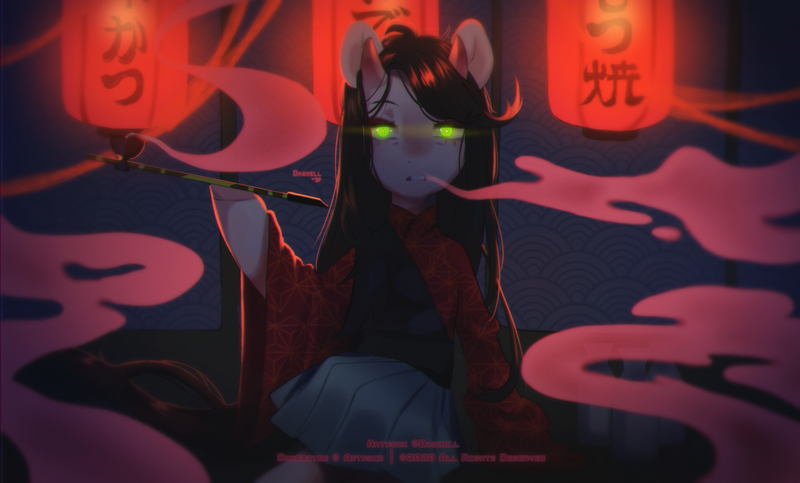 Size: 1500x905 | Tagged: safe, artist:dagmell, derpibooru import, oc, oc:kasumi, unofficial characters only, oni, pony, clothes, horns, izakaya, kimono (clothing), red lanterns, smoke, solo