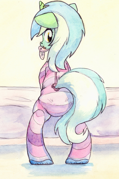 Size: 1372x2068 | Tagged: questionable, artist:asdfasfasda, derpibooru import, lyra heartstrings, adult foal, diaper, diaper fetish, fetish, footed sleeper, full diaper, image, jpeg, messy diaper, onesie, pacifier, poopy diaper, solo, stinky diaper