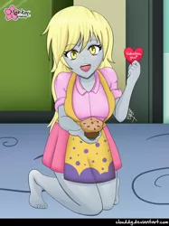 Size: 746x1000 | Tagged: safe, alternate version, artist:clouddg, derpibooru import, edit, editor:thomasfan45, derpy hooves, equestria girls, apron, barefoot, blouse, canterlot high, card, clothes, cute, derpabetes, door, feet, female, floor, food, hallway, holiday, kneeling, legs, lockers, looking at you, miniskirt, muffin, open mouth, pleated skirt, signature, skirt, solo