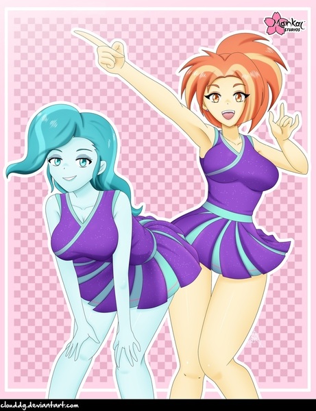 Size: 786x1024 | Tagged: safe, artist:clouddg, derpibooru import, edit, editor:thomasfan45, lighthoof, shimmy shake, human, 2 4 6 greaaat, equestria girls, armpits, bare arms, bare shoulders, beautiful, bedroom eyes, breasts, cheerleader, cheerleader outfit, clothes, cute, duo, duo female, ear piercing, earring, equestria girls-ified, female, humanized, jewelry, legs, lidded eyes, lightorable, miniskirt, open mouth, piercing, pleated skirt, pointing, ponytail, sexy, shakeabetes, signature, skirt, smiling, thighs