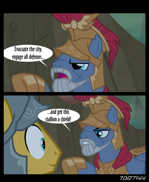 Size: 640x781 | Tagged: safe, derpibooru import, edit, edited screencap, editor:teren rogriss, screencap, captain ironhead, flash magnus, pegasus, pony, campfire tales, avengers: infinity war, beard, facial hair, helmet, movie reference