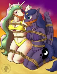 Size: 920x1200 | Tagged: anthro, artist:quakehoof, beach, bikini, blushing, bondage, bound wings, box tied, breast bondage, breasts, clothes, cloth gag, derpibooru import, female, femsub, gag, hands behind back, horn, horn ring, implied lesbian, implied princest, implied shipping, kneeling, knee tied, looking at each other, lunasub, magic suppression, princess celestia, princess luna, ring, sublestia, submissive, suggestive, sunset, swimsuit, unguligrade anthro, wings