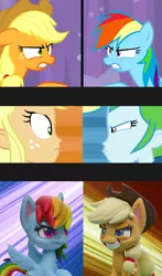 Size: 1229x2084 | Tagged: safe, derpibooru import, edit, screencap, applejack, rainbow dash, earth pony, pegasus, pony, a queen of clubs, a trivial pursuit, equestria girls, equestria girls series, my little pony: pony life, my little pony: stop motion short, pillow fight (short), comparison, confrontation, pillow