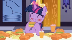 Size: 1920x1080 | Tagged: alicorn, artist:agrol, burger, crown, cute, derpibooru import, drink, eating, food, french fries, hamburger, happy, hay burger, hay fries, how to be a princess, jewelry, messy eating, regalia, safe, solo, twiabetes, twilight burgkle, twilight sparkle, twilight sparkle (alicorn)