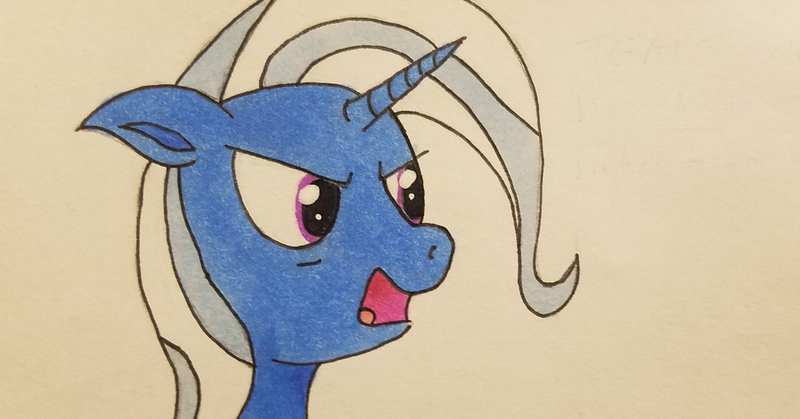 Size: 1280x671 | Tagged: safe, artist:polar_storm, derpibooru import, trixie, pony, unicorn, angry, bust, colored sketch, female, grumpy, mare, purple eyes, simple background, sketch, solo, traditional art, white background, yelling