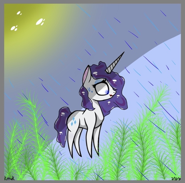 Size: 828x820 | Tagged: safe, artist:kittycatrittycat, derpibooru import, rarity, pony, unicorn, female, grass, lipstick, pointy ponies, rain, shading practice, solo, sun, sweat