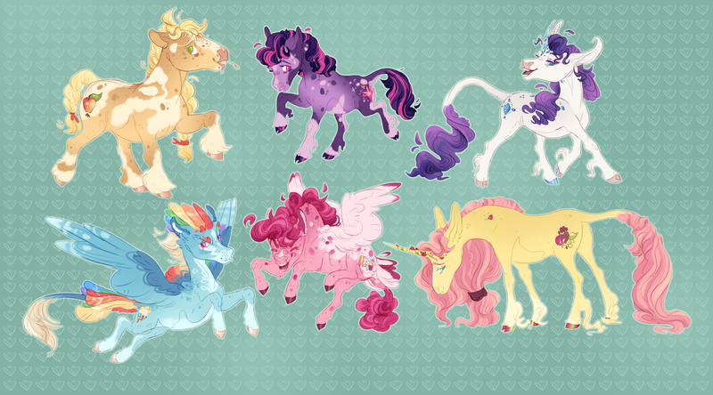 Size: 3285x1825 | Tagged: safe, artist:tokenfolly, derpibooru import, applejack, fluttershy, pinkie pie, rainbow dash, rarity, twilight sparkle, earth pony, pegasus, pony, unicorn, leak, spoiler:g5, alternate design, applejack (g5), coat markings, earth pony twilight, female, fluttershy (g5), flying, g5, happy, hooves, leonine tail, mane six, mane six (g5), mare, pegasus pinkie pie, pinkie pie (g5), pinto, race swap, rainbow dash (g5), raised hoof, rarity (g5), simple background, smiling, spread wings, straw in mouth, twilight sparkle (g5), unicorn fluttershy, wings