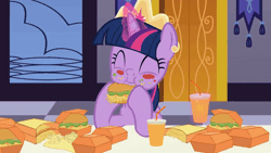 Size: 800x450 | Tagged: alicorn, animated, artist:agrol, burger, crown, derpibooru import, drink, drinking, eating, food, french fries, gif, hamburger, hay burger, hay fries, how to be a princess, jewelry, magic, messy eating, regalia, safe, solo, straw, table, telekinesis, that pony sure does love burgers, twilight burgkle, twilight sparkle, twilight sparkle (alicorn), youtube link