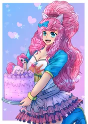 Size: 2480x3508 | Tagged: safe, artist:mantarwolf, derpibooru import, kotobukiya, pinkie pie, earth pony, human, pony, cake, clothes, cutie mark, dress, food, high res, human ponidox, humanized, kotobukiya pinkie pie, self ponidox, solo